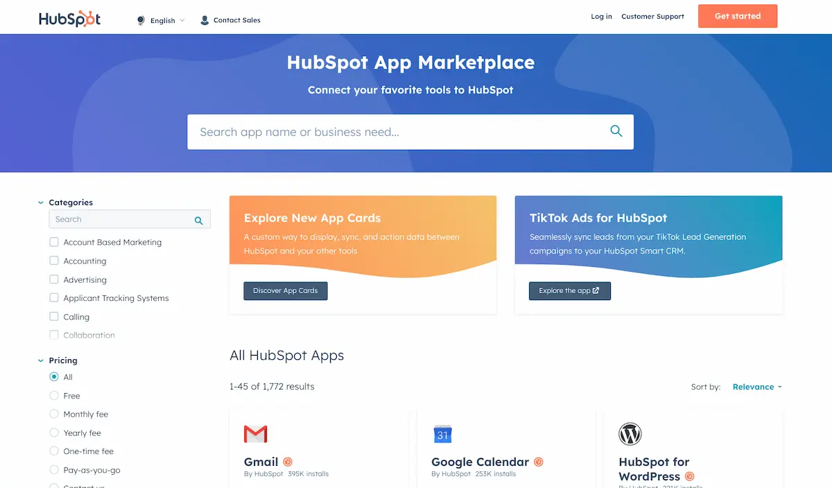 HubSpot's App Marketplace homepage contains many wayfinders to search and browse apps.