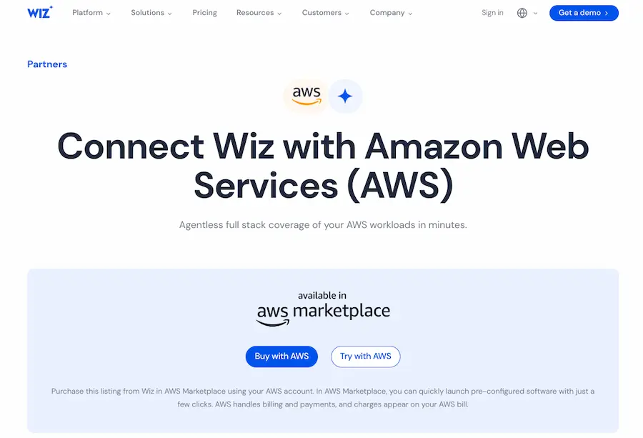 Wiz is one of the first partners to integrate "Buy with AWS" and "Try with AWS" buttons on their website.